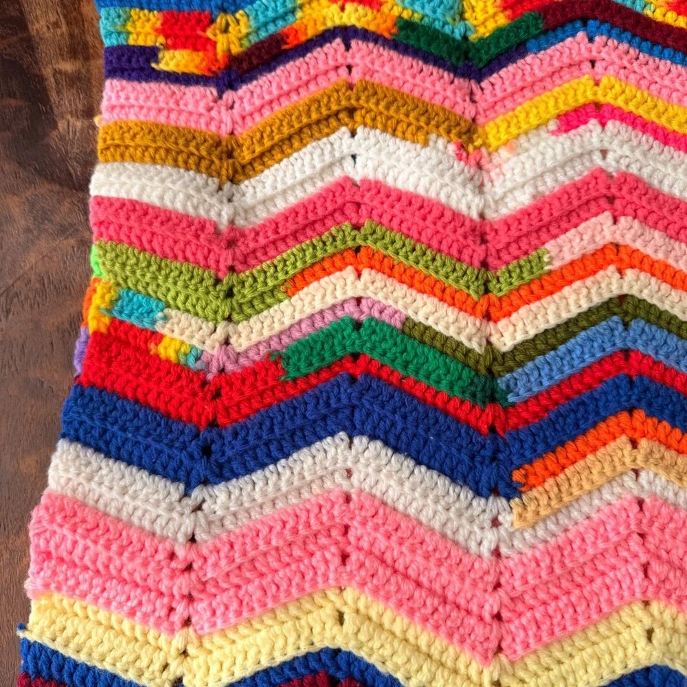 Handmade Afghan‎ Zigzag Crochet Chevron Blanket Multicolor Boho Cozy Throw
